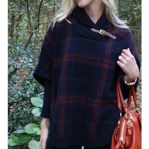 Lauren Ralph Lauren Petite Plaid Wool Blend Poncho Toggle Neck Navy Red XS/S